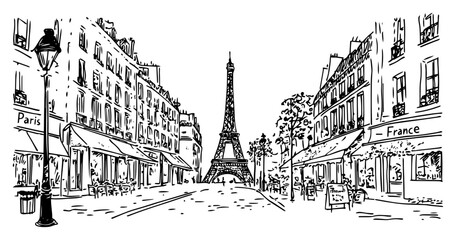 Paris street sketch with Eiffel Tower and French cafes, France city travel landmark hand drawn illustration, black and white urban panorama © Luka
