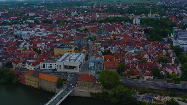 Panorama aerial view of the old town city Schweinfurt in Germany  on a cloudy day in spring.