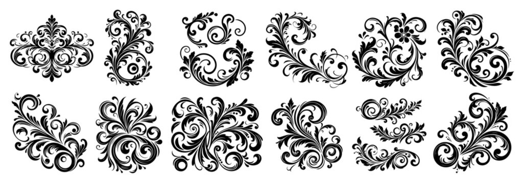 Ornate floral scrolls and damask ornaments set, Victorian filigree flourishes and decorative dividers, black and white classic baroque design elements