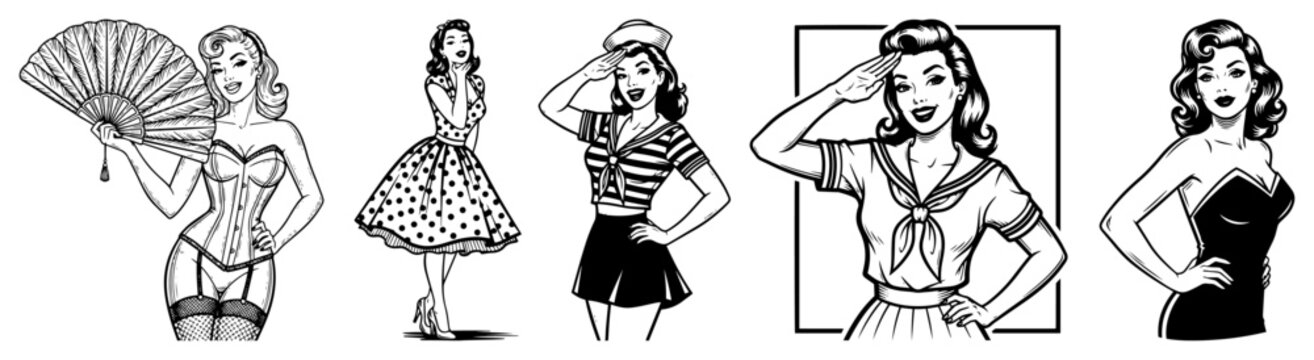 Retro pin-up girl collection in 1950s vintage style, beautiful women in classic poses including sailor and burlesque, rockabilly fashion vector illustrations
