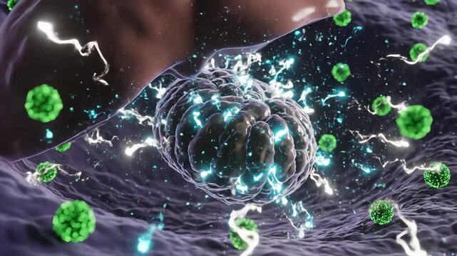 Excess nutrients increase mitochondrial workload, producing more reactive oxygen species shown as sharp flickers. Antioxidant defenses struggle to neutralize all radicals