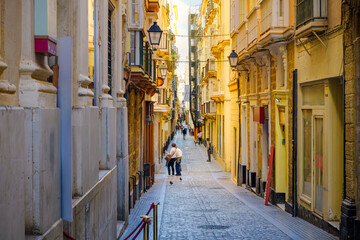 A narrow cobblestone pedestrian alley filled with shops and colorful buildings in the old town Centro Historico district of Cadiz, Spain, Andalusian region. © Kirk Fisher