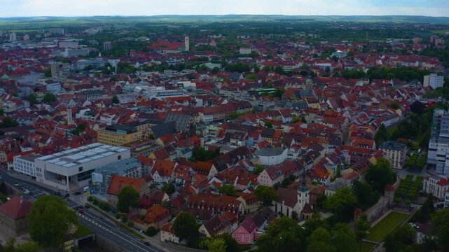 Panorama aerial view of the old town city Schweinfurt in Germany  on a cloudy day in spring.