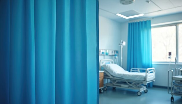 Hospital room interior with empty bed and blue medical curtains. Bright daylight shines through large window into clean clinic ward. Medical equipment stands nearby.