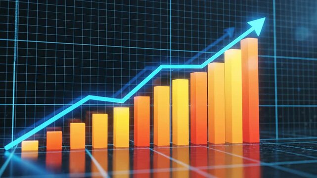 Rising bar chart with arrow on grid background
