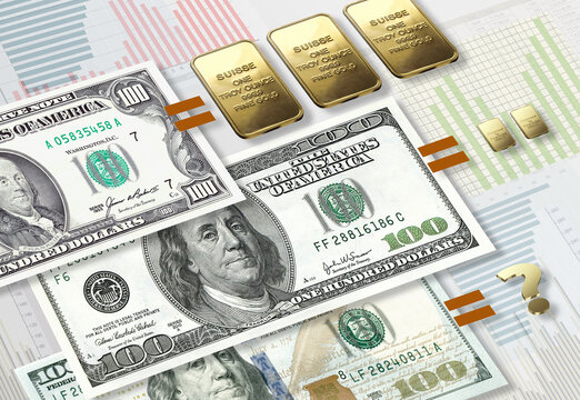 Gold vs Dollar value comparison, inflation hedge concept. Inflation over time concept. Photoshop graphic.