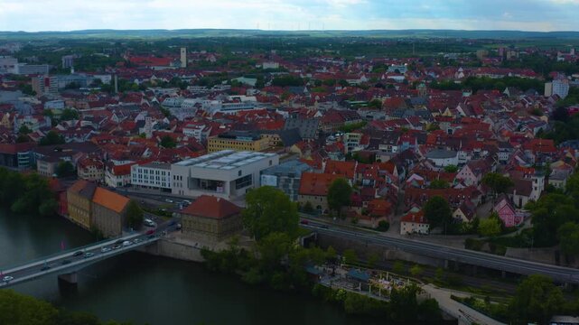 Panorama aerial view of the old town city Schweinfurt in Germany  on a cloudy day in spring.