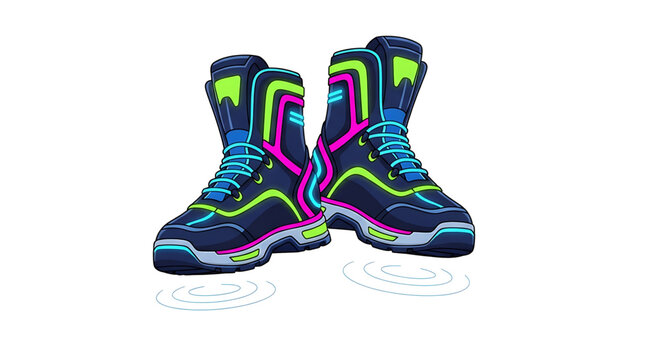 A pair of vibrant, neon-lit athletic boots with a futuristic design, perfect for runners and fitness enthusiasts who want to make a statement with their footwear.