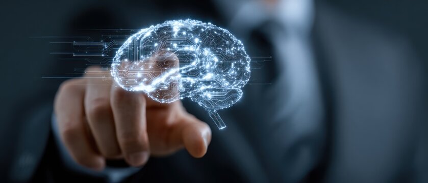 Abstract holographic brain glowing with data streams digitally manipulated by a human finger