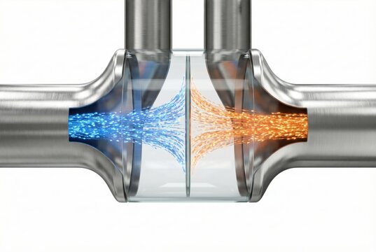 Innovative fluid dynamics concept showcasing contrasting streams of blue and orange liquid merging within a transparent tube emphasizing the efficiency of engineered microfluidic systems