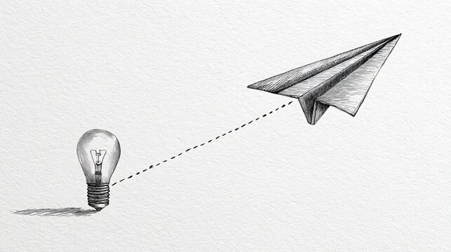 Outline paper airplane soars upward, linking with a light bulb in a single drawing. This signifies a startup idea, with changeable lines.