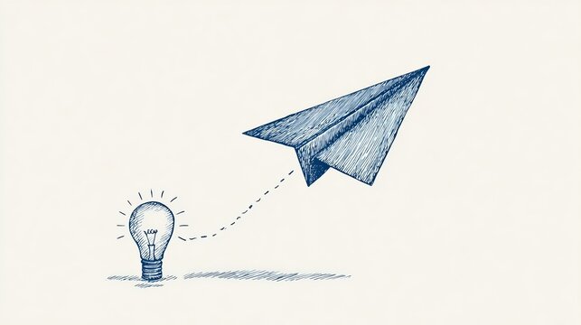 Outline paper airplane soars upward, linking with a light bulb in a single drawing. This signifies a startup idea, with changeable lines.