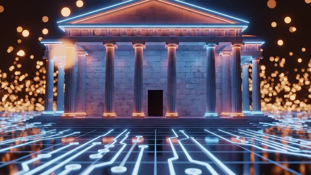 Neon lit classical building with glowing circuits