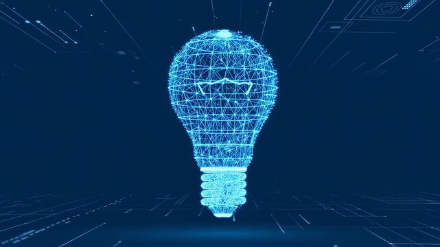 A blue, wireframe lightbulb floats on a grid against a dark background, suggesting digital innovation