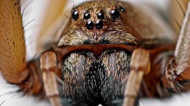Close-up of a spider's head with eight black eyes and detailed hairy texture