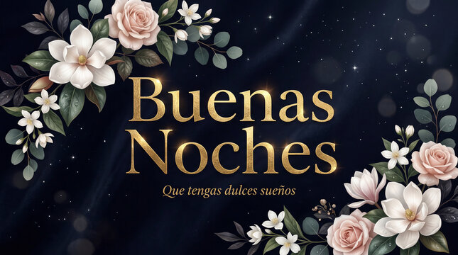 Buenas noches floral text glowing elegant night greeting scene calm
