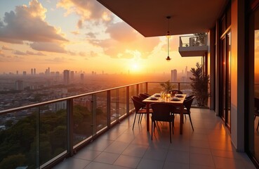 Fototapeta premium Balcony with city view at sunset. Table set for dining on terrace. Warm light shines on modern urban landscape. Highrise apartment architecture.
