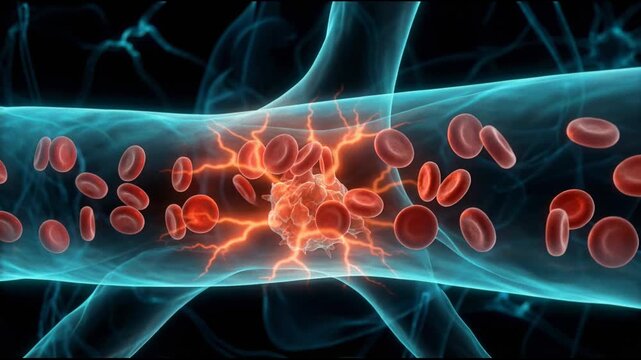 Microscopic View of Blood Clot Forming Inside a Vein with Red Blood Cells and Inflammation