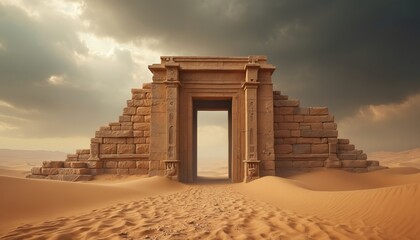 Ancient stone doorway in desert sand dunes. Crumbling ruins under hazy sky. Pathway leads to an opening in forgotten civilization architecture. Dry arid landscape.