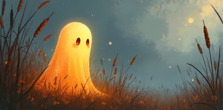 Cute glowing ghost sits in tall autumn grass with fireflies in dim light. Spooky character in nature during twilight, friendly spirit in field.