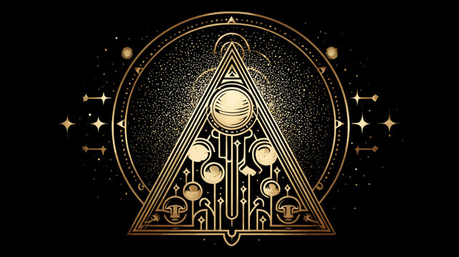 Golden geometric design on a black background, with a triangle, circle, stars, and celestial elements