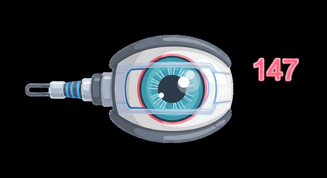 A futuristic robotic eye with a blue iris and a metallic cable, set against a black background with the number 147 in pink.