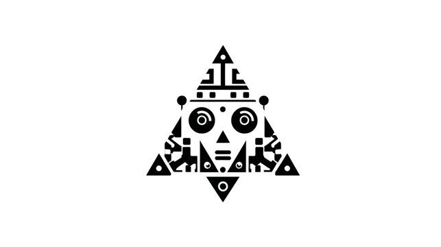 Geometric illustration of a black and white triangular figure, composed of various shapes and objects