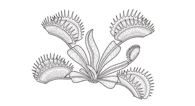 A detailed vector illustration of a Venus flytrap plant with multiple snapping leaves on a white background