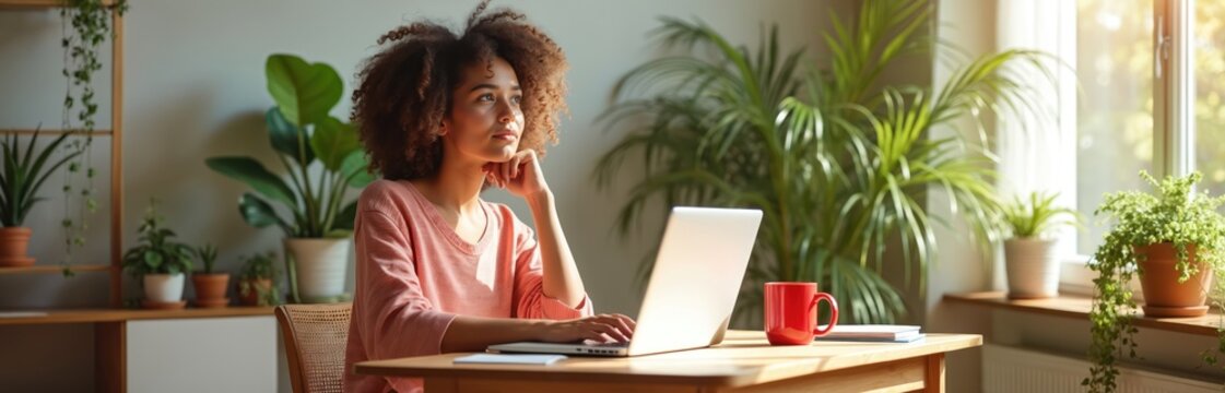 Curly haired woman types on laptop at wooden desk with red mug and green plants. She looks thoughtfully out window. Natural light fills cozy room. Home office setup for remote work.