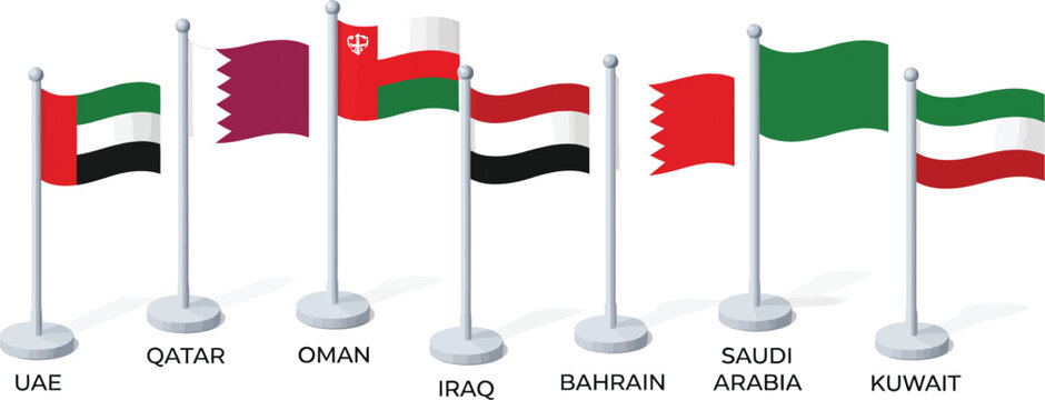 Middle East national flags on silver poles, set of 7 Arab country flag icons, GCC and regional state vector symbols