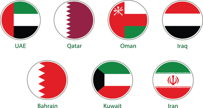 Middle East national flags vector set, 7 round country icons for UAE and Qatar, circular Middle Eastern flag buttons