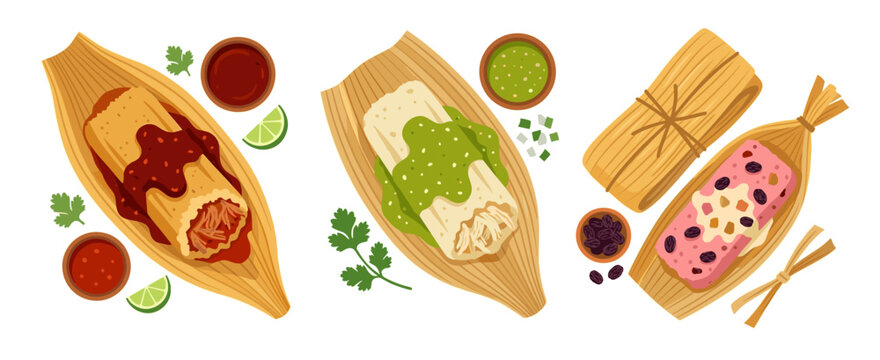 Traditional Mexican tamale set vector with red and green salsa, beans, and lime top view illustration.