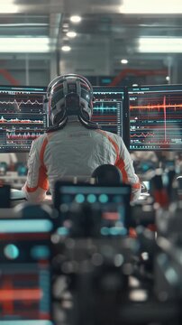 Rear view of a professional race car driver in helmet sitting in front of multiple monitors in a control room.