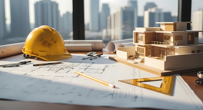 Architectural design with a house model and blueprints on a table with a building in background