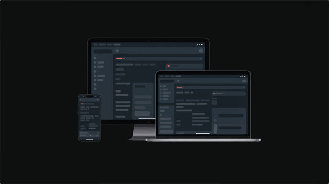 Multiple modern electronic devices, including computer monitor, laptop, and smartphone, displaying dark interface screens