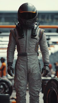 Racing driver wearing helmet and racing suit standing next to race car in pit lane.