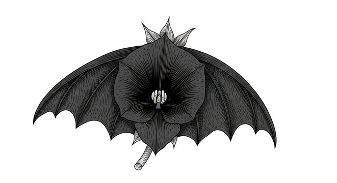 A black bat wing flower vector graphic illustration with a spiky stem and white background