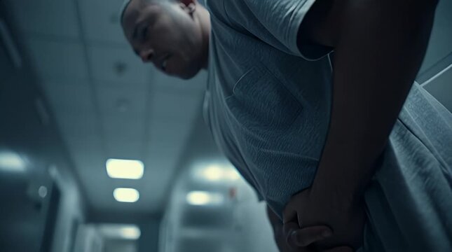 Man suffering from severe abdominal pain in hospital corridor