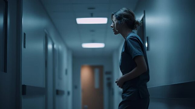 Tired Nurse Standing in Dimly Lit Hospital Hallway at Night