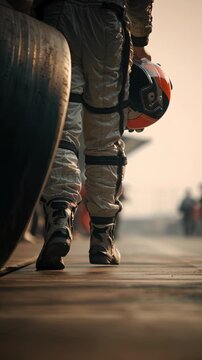 Close-up of a race car driver walking on the track holding a helmet during sunset.