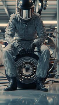 Race car mechanic carrying a tire in the pit lane during a motorsport event.
