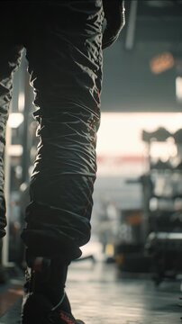 Close-up view of racing tire and driver preparing in the pit lane during motorsport event.