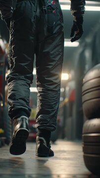 Close-up of race car driver walking in garage with tires in background.