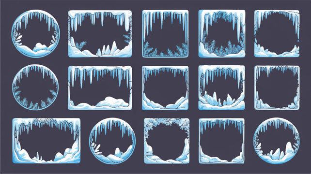 Set of blueish frosty borders and frames with icicles and frozen textures for winter designs with ice border