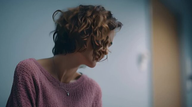 Young Woman With Curly Hair Taking a Deep Breath of Relief
