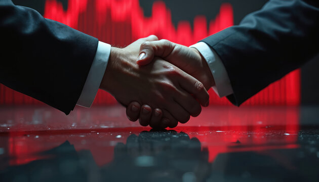 Two businessmen make agreement. Human and shadow hands clasp over red finance chart. Deal represents trust risk corruption and partnership on market.