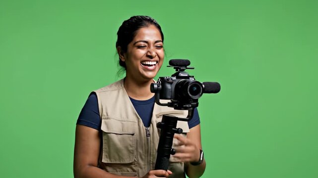 Joyful female videographer with professional camera against green screen