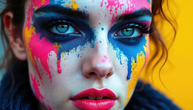 Closeup of woman face with bold colorful paint splatters and drips. Her blue eyes stare forward against a bright yellow background, creating a vibrant, artistic portrait.