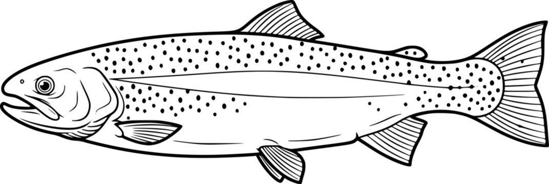 rainbow trout fish engraving black and white outline
