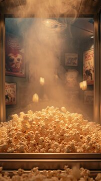 Freshly popped popcorn in a vintage movie theater concession stand with warm lighting and nostalgic atmosphere.